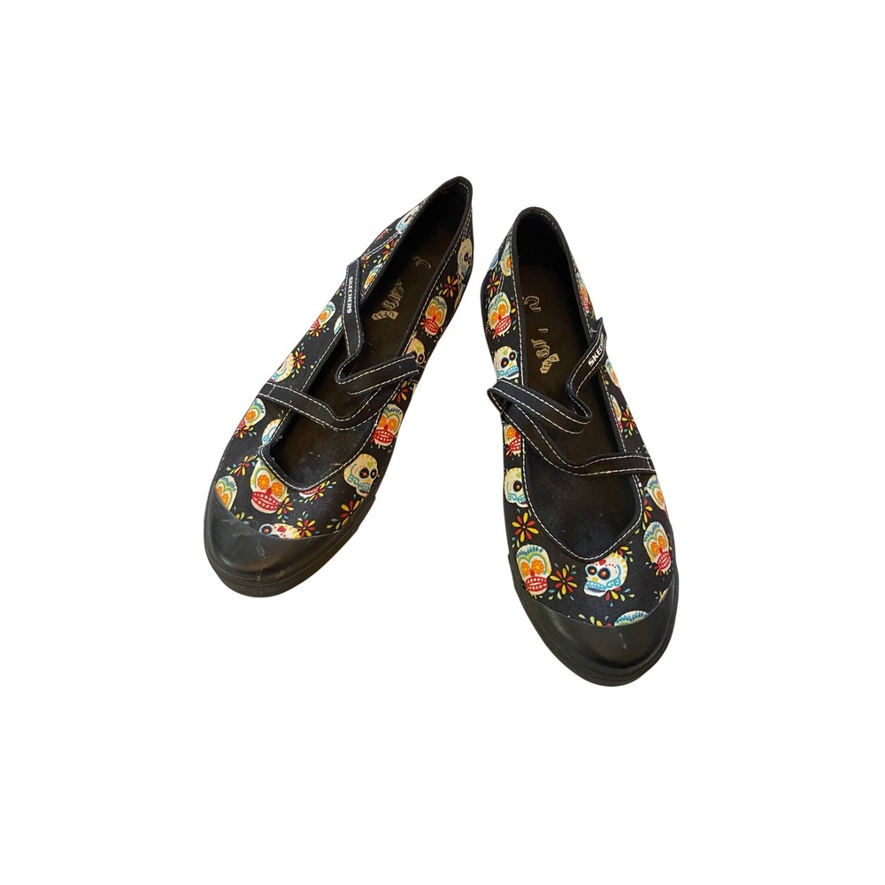 Y2k skechers Women Sugar Skull Day of the Dead Mary Jane Black Flats Size 10